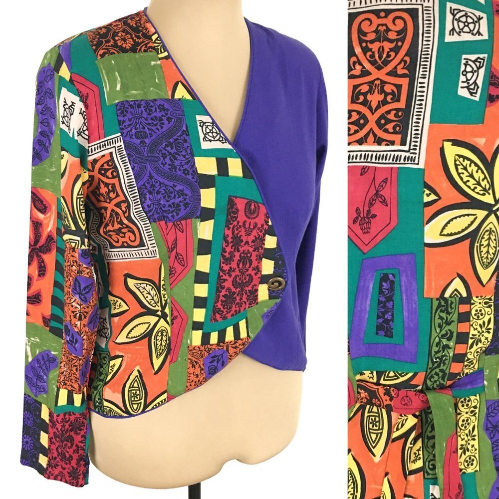80s Long Sleeve Color Block Wrap Top